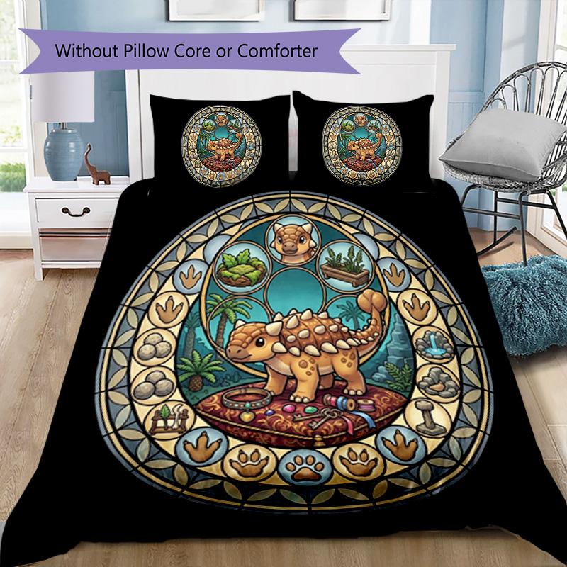 Dinosaur Glass Art Pattern Bedding,Quilt Set Quilt Cover Pillowcase Home Birthday Gift (1*duvet cover+2*pillowcase,without core)