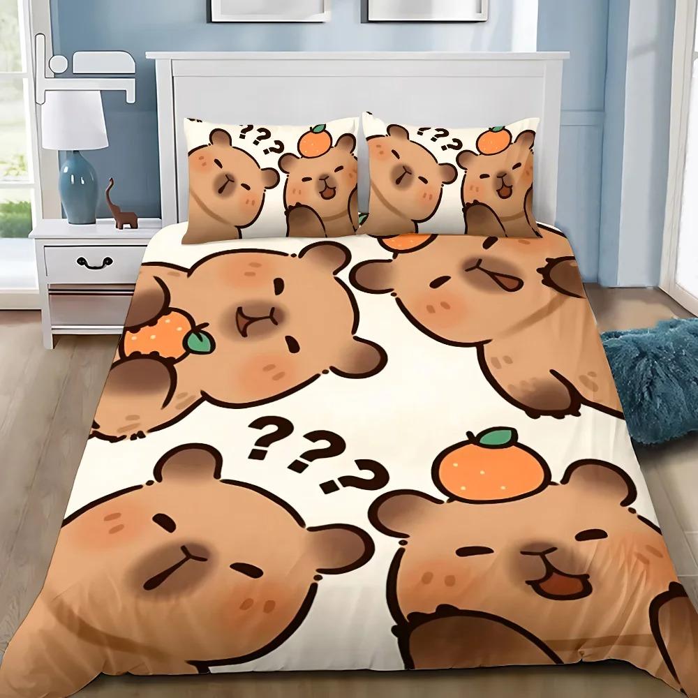 Capybara Quilt Cover Set 3D Decor Cute Print Comfortable Set Dark Style Breathable Bedding for Teenager Children