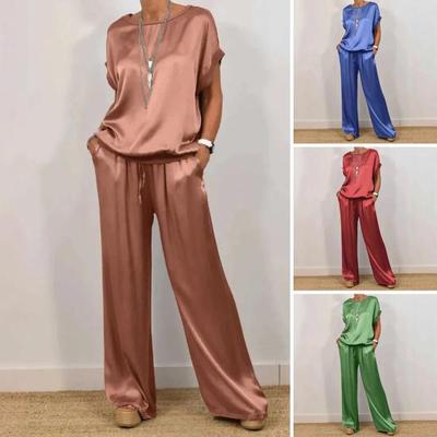 Women's Satin Silky Two-Piece Set Casual Crew Neck Short Sleeve Top Wide Leg Pants Set Loose Loungewear Outfit for Spring Summer