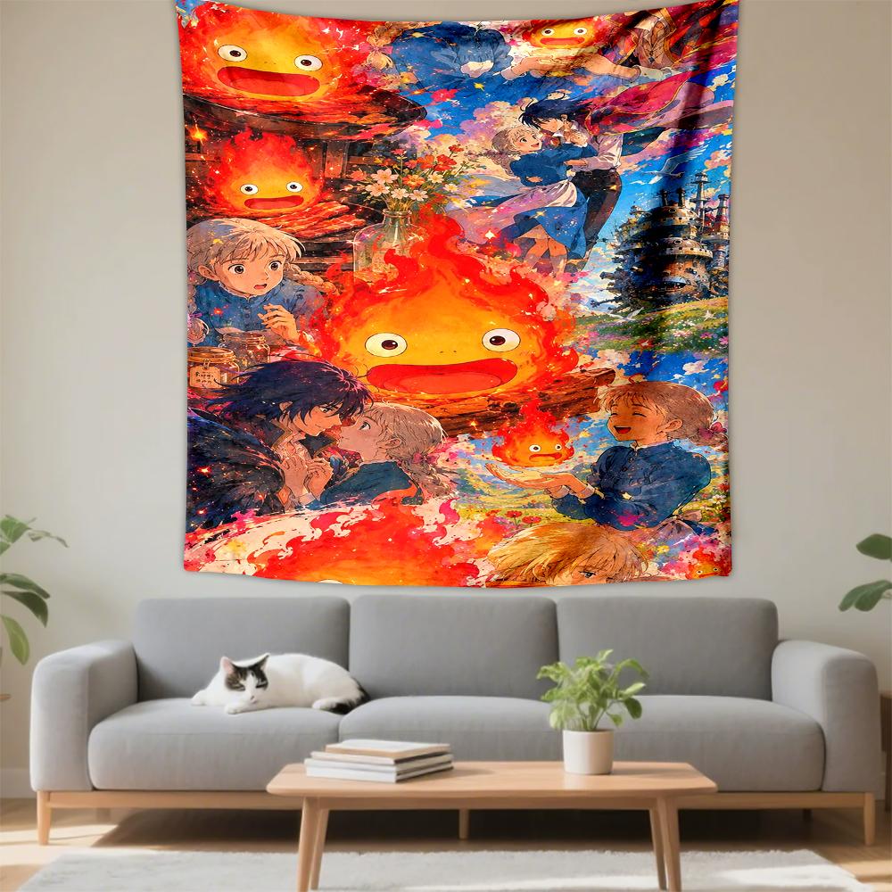 Tapestry Howl Moving Castle Anime Calcifer Fire Demon Sophie Howl Castle Flowers Ghibli Art