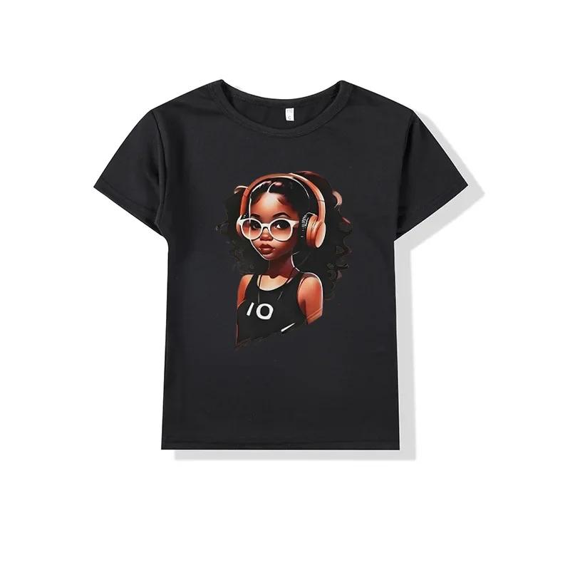 Summer New Girls round Neck Shortsleeved Tshirt Kids Clothes INS Music Cool Girl Pattern Printed Polyester Fabric