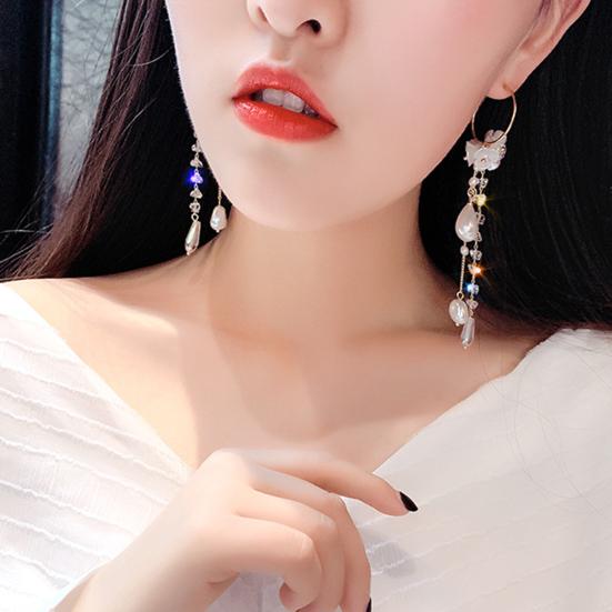 1 Pair Lady Dangle Earrings Imitation Pearl Rhinestone Durable Flower Tassel Luxury Drop Earrings