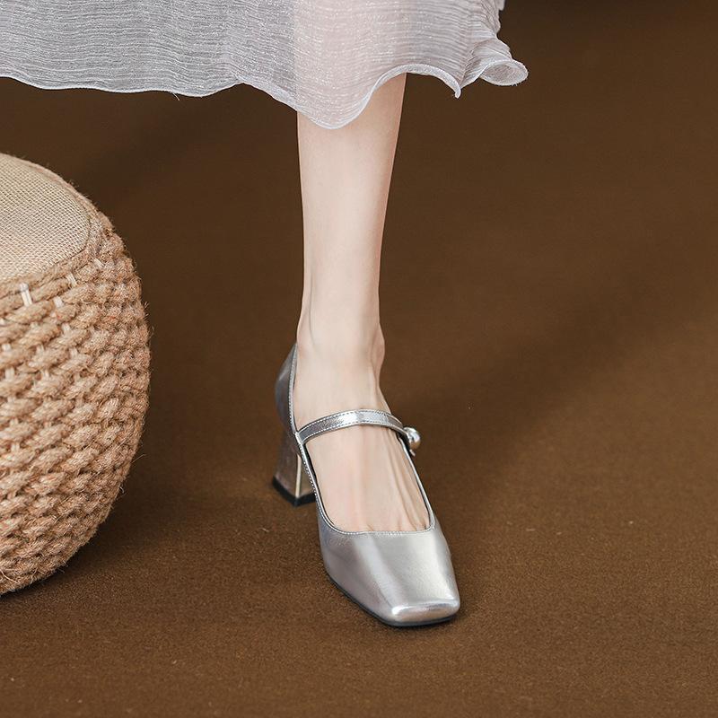 Silver thick heel Mary Jane shoes female French square head temperament high heels fairy style word belt single shoes spring new