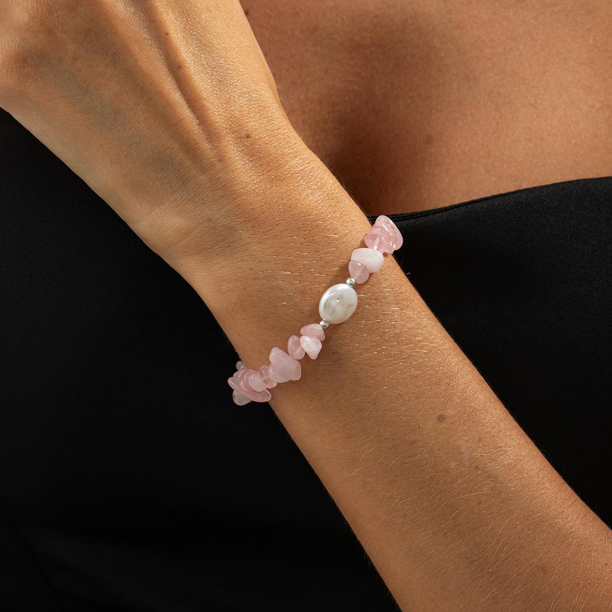 Irregular Wind Pink Gravel Beaded Necklace, Fashionable Diamond-Set Love Pendant Ot Buckle Necklace