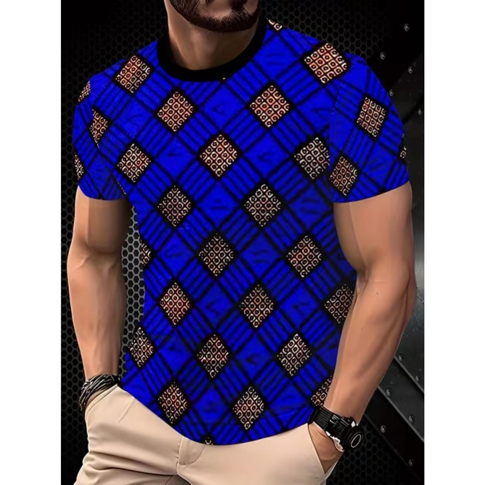 

New Summer Men s Fashion T-shirt Personality Geometry Pattern Printed Men s T-shirt Top XS синий