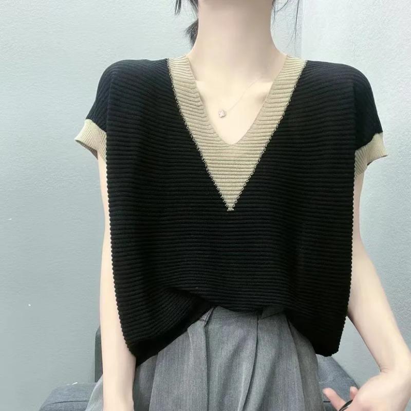 

Women s Black Beige Contrast Trim V-Neck Knit Top Short Sleeve Casual Loose Fit Blouse OneSize чёрный