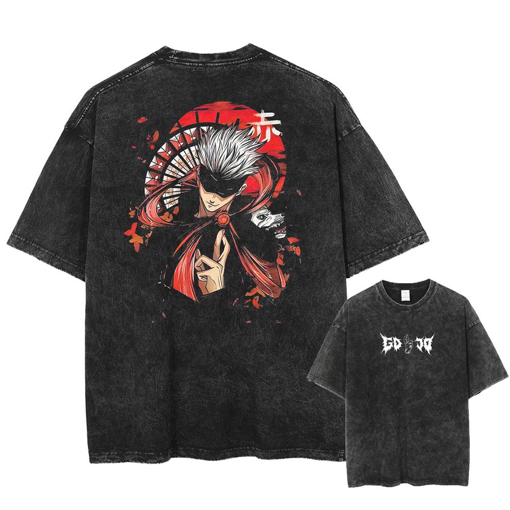 Japan Anime Jujutsu Kaisen Gojo Satoru Print Washed Tshirt Men High Quality Cotton T-shirts Manga Casual T Shirt Harajuku Tops