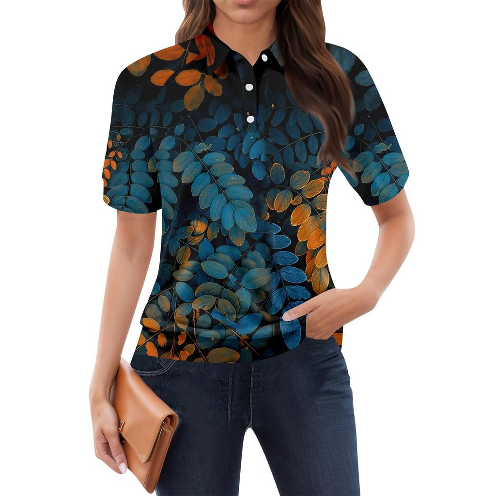 Women's Casual Floral Print V-Neck Short Sleeve Decorative Button T-Shirt Top