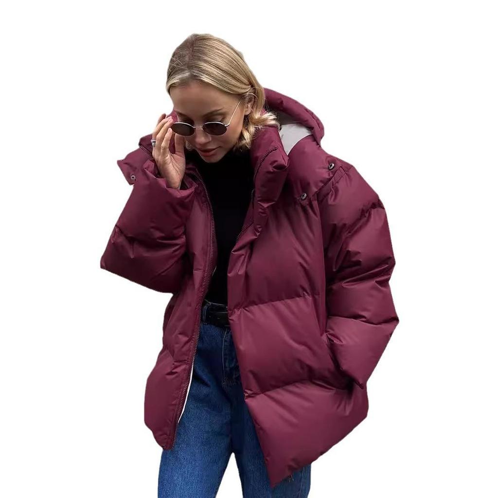 Women's Hooded Puffer Jacket Winter Padded Warm Coat Thicken Outerwear Stand Collar Oversized Long Sleeve Full Zip Quilted Puffer Coats for Women
