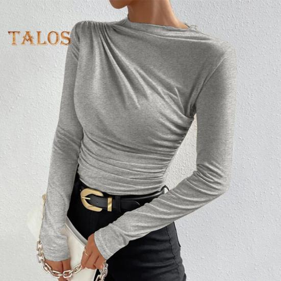 Moteriški vienspalviai apatiniai marškiniai su pusiau aukšta apykakle ilgomis rankovėmis apačia vienspalviai ploni, klostuoti megztiniai