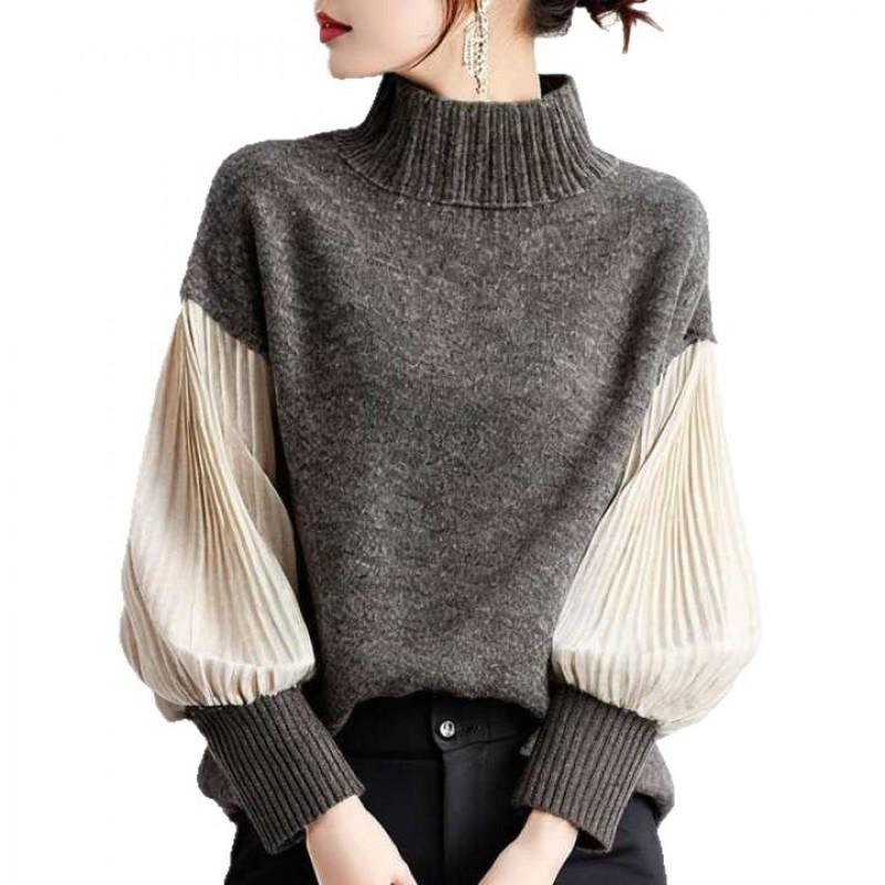Japanese Casual 2026 Fall Winter Stand Collar Knit Top Contrast Color Pleated Sleeve Sweater
