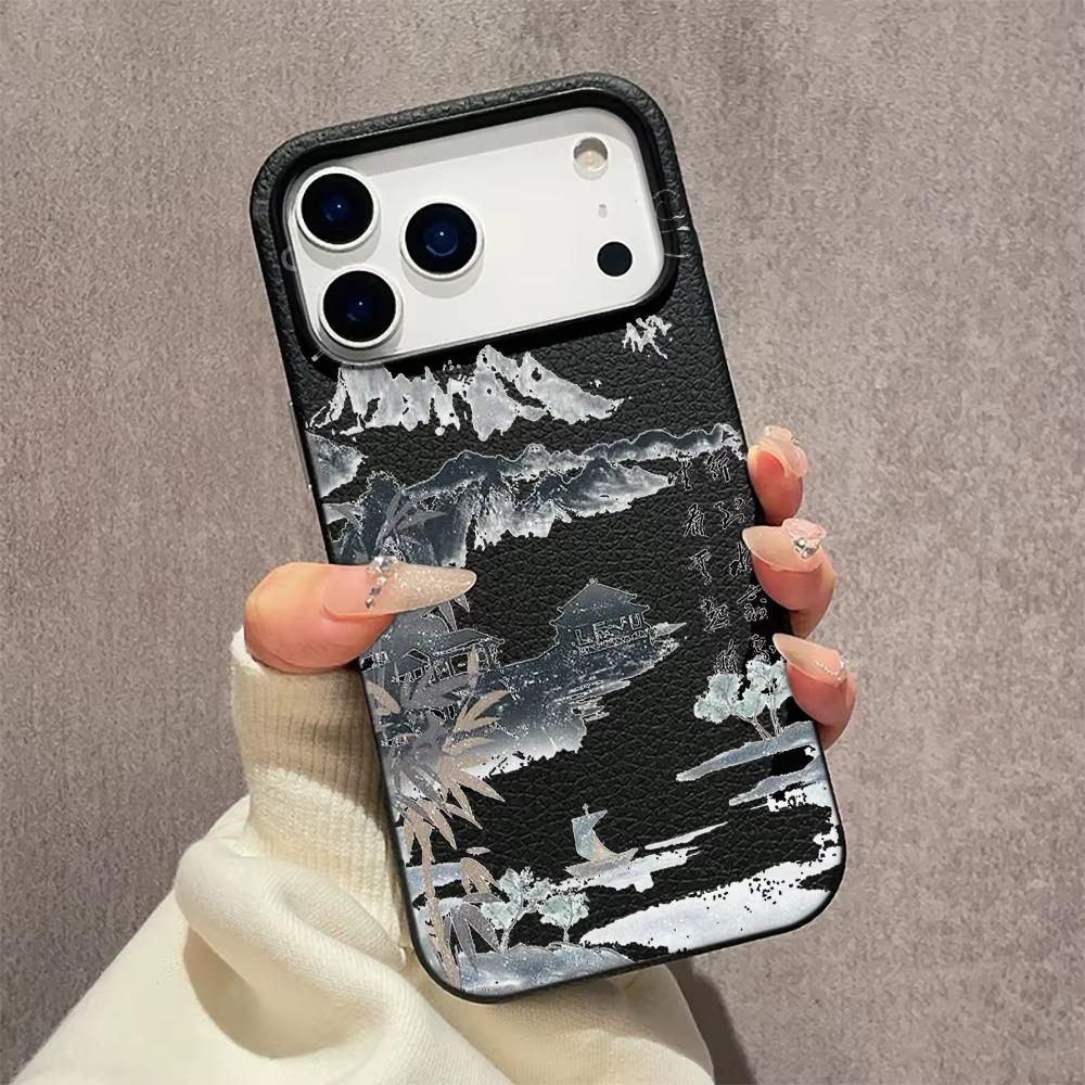 Chinese Style Poetry Pattern Phone Case For iPhone 17 16 15 14 13 12 11 Pro Max Plus 17 Air XS Max X XR Lychee Texture Cover