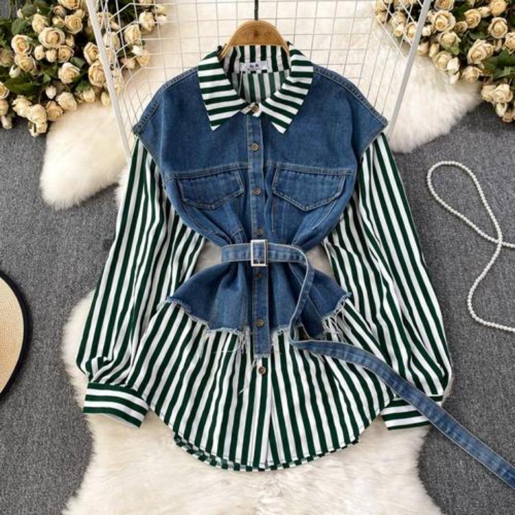 Korean Retro Women Denim Vest Shirt Spring Autumn Casual Loose Irregular Stitching Striped Fake Two