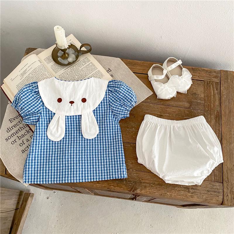 

Милая клетчатая одежда для маленьких девочек 0-3 лет, топ с кроличьим воротником и короткими рукавами + шорты, одежда для маленьких девочек 66