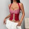 Damen kariertes Neckholder-Korsett-Top mit Cut-Out und Schnürung vorne Sexy Sommer-Tanktop