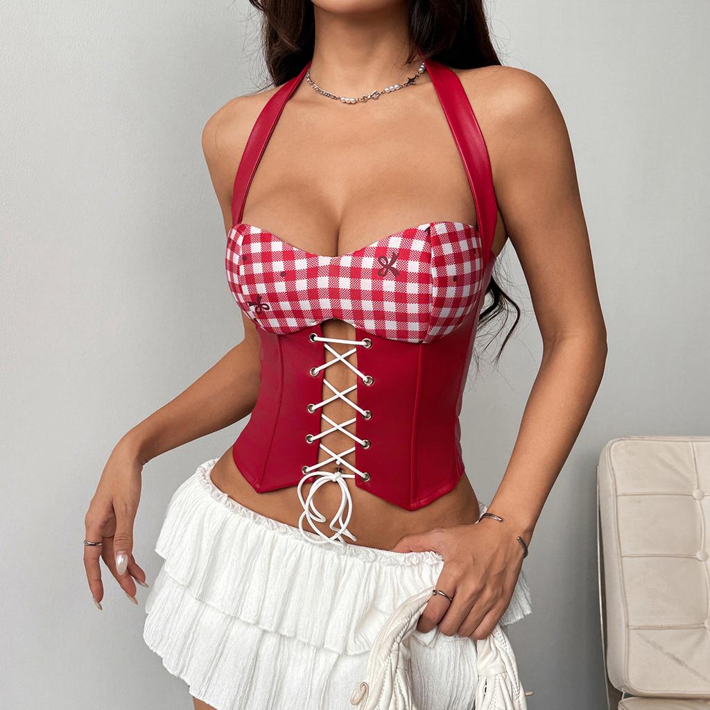 Women Plaid Halter Neck Corset Top Cut Out Lace Up Front Sexy Summer Tank Top