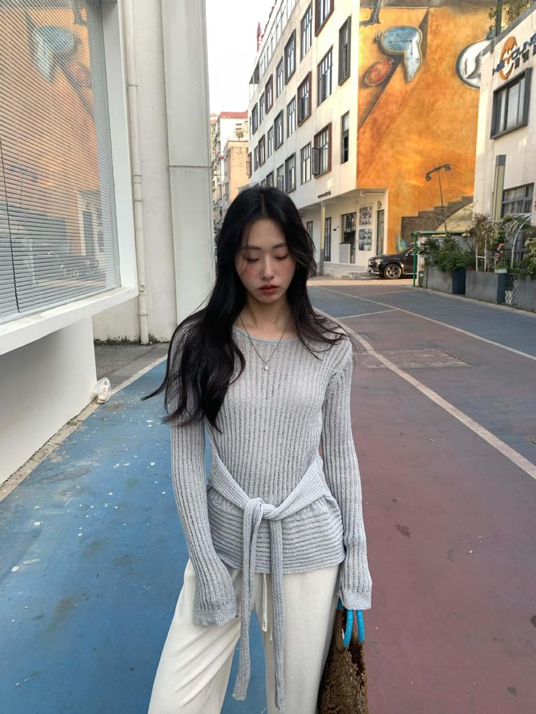 Huang Zheng Schnür-Ausschnitt Strickpullover, Damen Koreanischer Stil Frühling 2025 Freizeit-Top