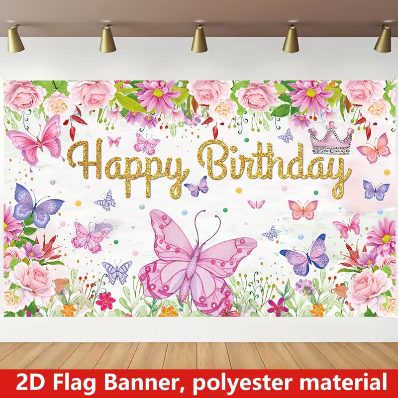 2D Princess Crown Butterfly Backdrop for Girl's Elegant Themed Party Decor
