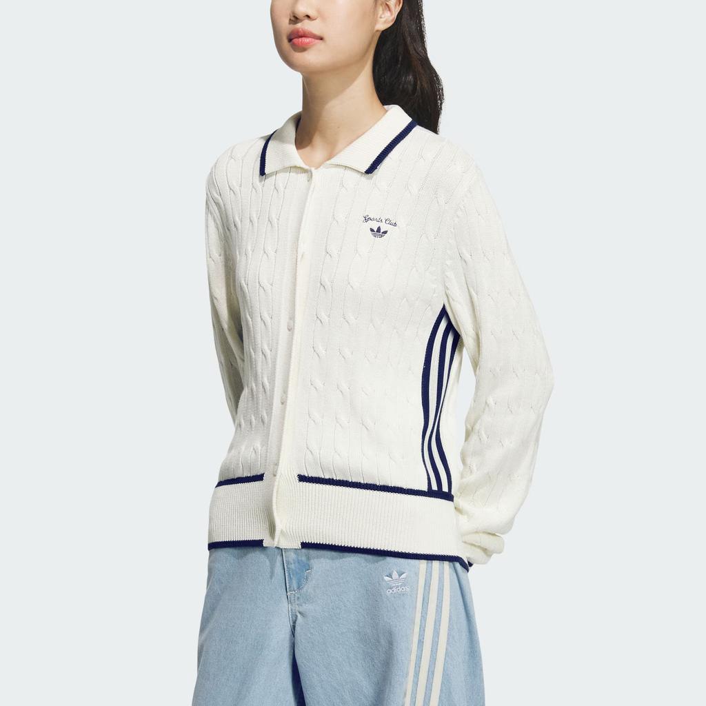 Adidas Originals Retro Strickjacke SS25 Sporty Club Markenlogo Vintage Lässig Sportlich Langarm Strickware Damen Strickjacken Han-Jade-Weiß JM8017