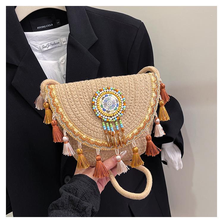 

2025 Ретро Соломенная Плетеная Сумка-Ведро Кроссбоди с Кисточками - Весенне-Летний Этнический Стиль хаки