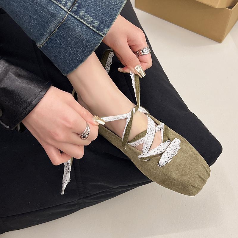 Fashion Fashion Flat Shoes Spring New Square Head Shallow Mouth Before Lacing Suede Soft Sole Anti-slip Wear-resistant Single Shoes