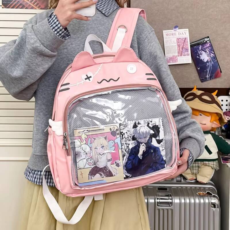 Y2K Emoji Cat Ita Backpack Cute Girls Transparent Rucksack Large Capacity Student DIY Display School Bag Fashion Travel Knapsack