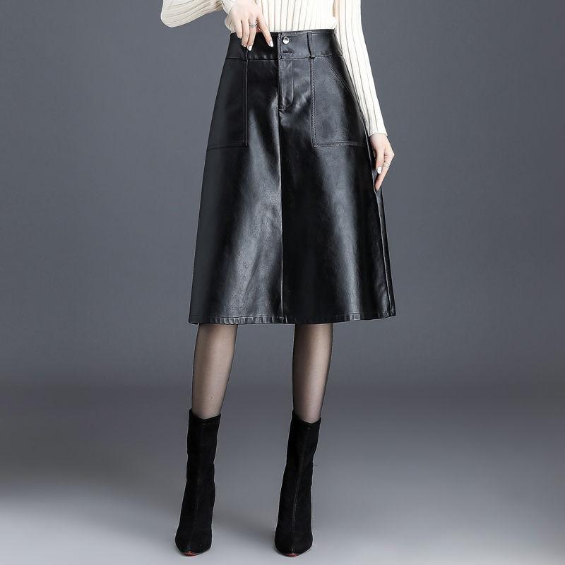 Medium and long simple pu leather skirt, autumn and winter new high-waisted commuting fashion A-shaped leather skirt