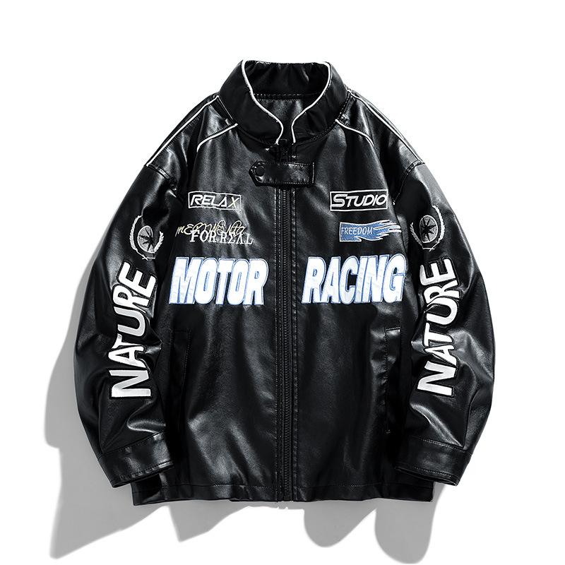 Geborduurde Leren Jas Heren Lente en Herfst Losse Streetwear Motorfiets Leren Jas