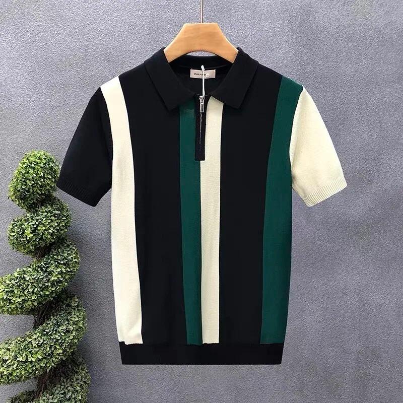 Half Zip Western-style Ice Silk Thin Short Sleeved Sweater Men Summer Cool Knit T-shirt Men Mens Polo Shirt