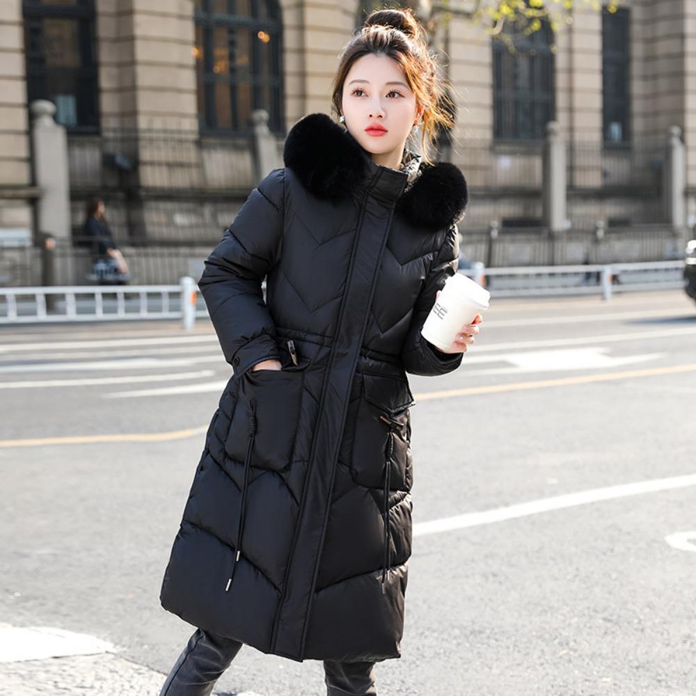 

Женская хлопковая одежда с большим меховым воротником средней и длинной длины, зимняя новая модная приталенная хлопковая одежда длиной ниже колена L чёрный