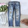 Women's Mid Rise Straight Leg Jeans Loose Fit Buffalo Plaid Patchwork Distressed Cuffed Denim Pants