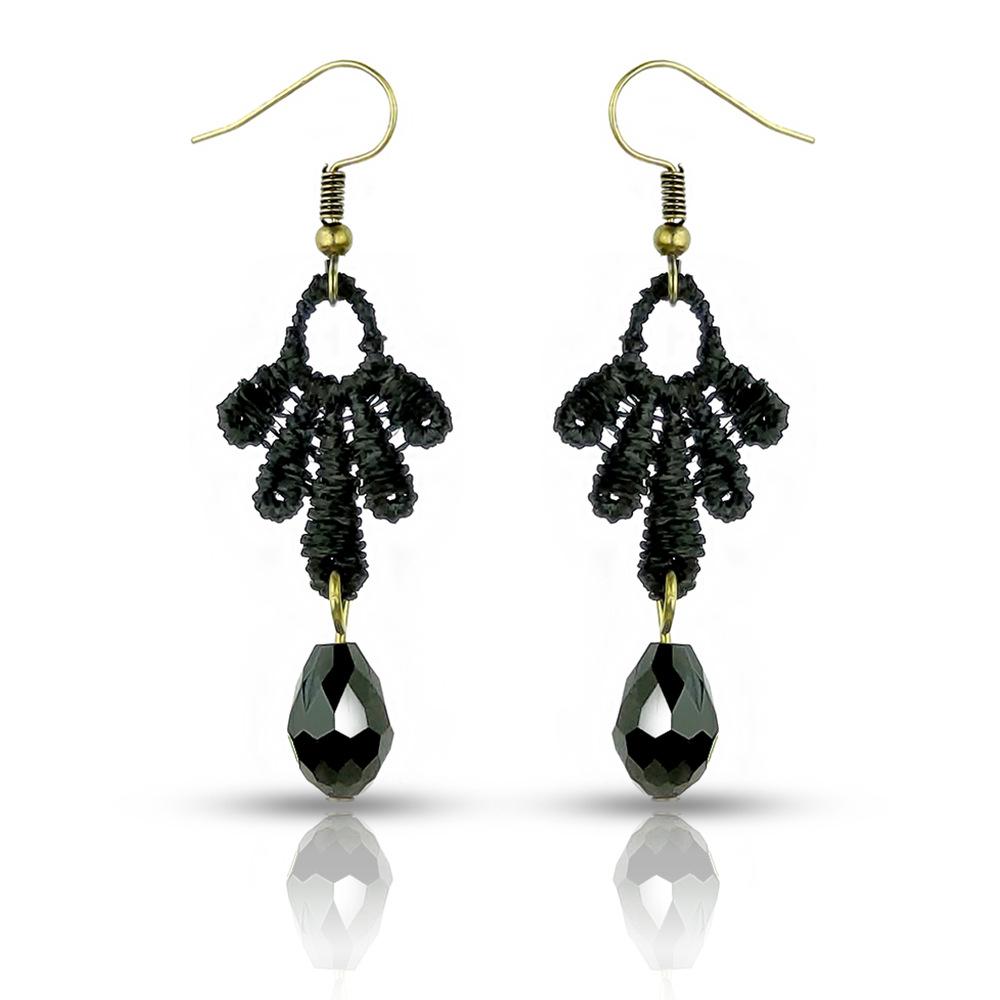 Boucles d'oreilles pendantes Baroques Vintage en Cristal et Dentelle pour Femmes - Noir.