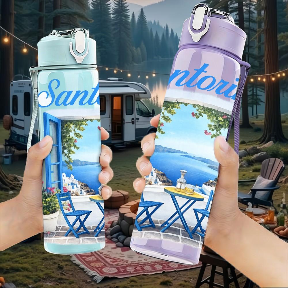 1PC Santorini Mediterranean House Pattern 750ml Color Plastic Sports Water Bottle Leakproof Flip Straw Lid Suitable for Sports Office Home Use