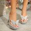 Strass-Schmetterling Plateau-Absatz Mules Klare PVC Stiletto High Heel Sandalen Offene Zehenpartie Slip-On Partyschuhe Sandalias De Mujer