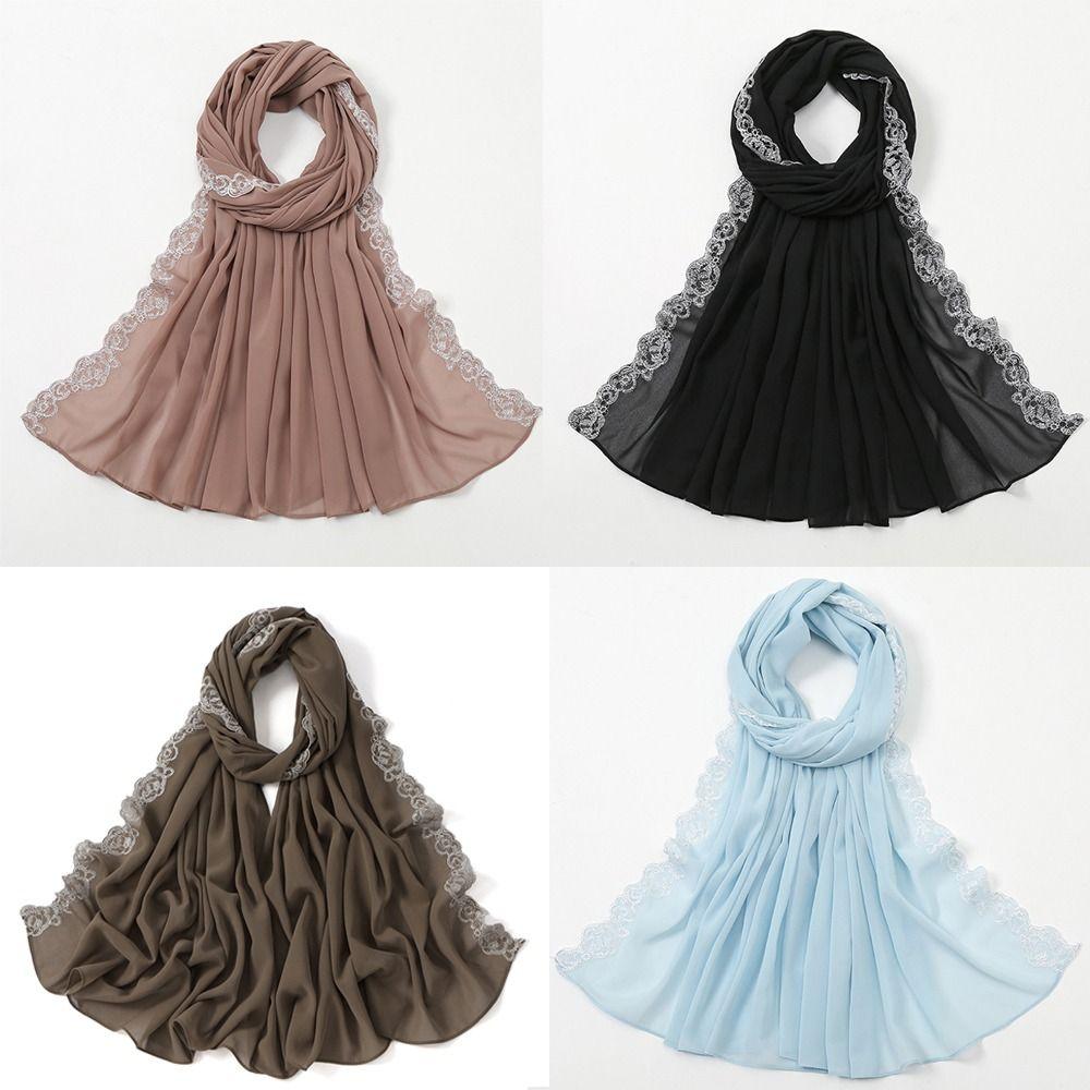 Embroidered Lace Women Long Shawls Solid Colors Summer Wraps Headscarf Hijab Cover  Female Shawl