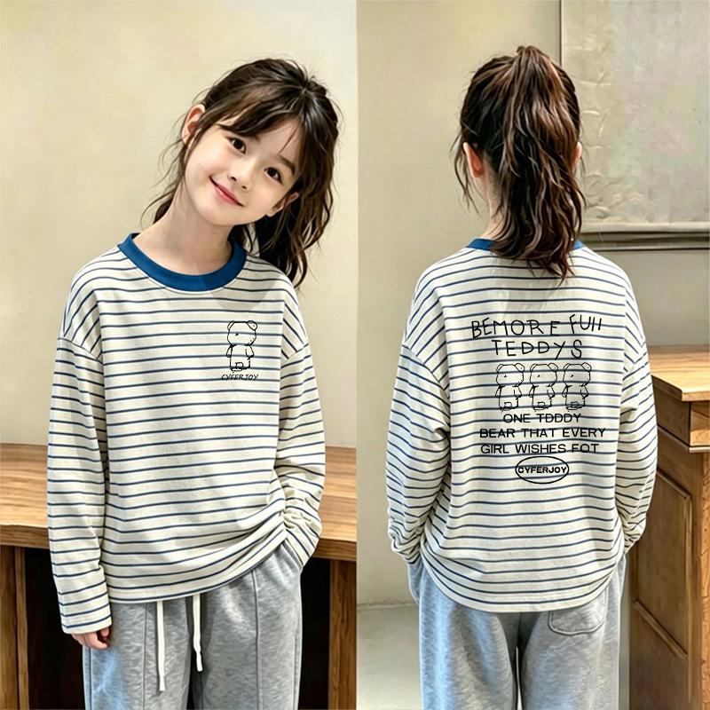 Striped Long-Sleeve Color Block T-Shirt for Girls - Casual Spring/Autumn Round Neck Base Layer Top