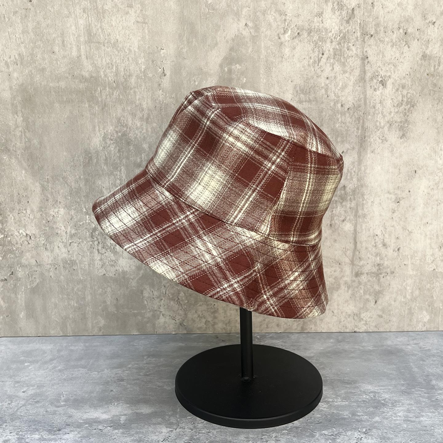 

High Quality Plaid Contrasting Color Double-Sided Cotton Bucket Hat Female Retro Face Small Face Hat Tide M（56-58cm）