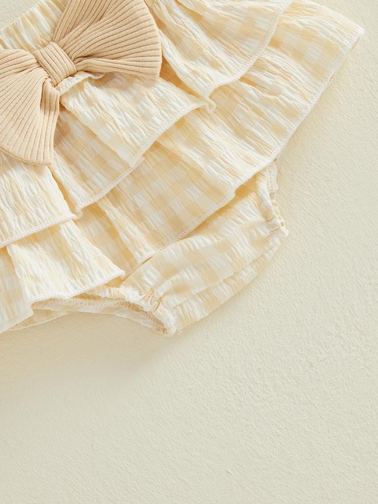 Adorable Baby Girl Summer Outfit Stylish Ribbed Short Sleeve Romper with Plaid Skort Headband 3Pcs Set for Your Little