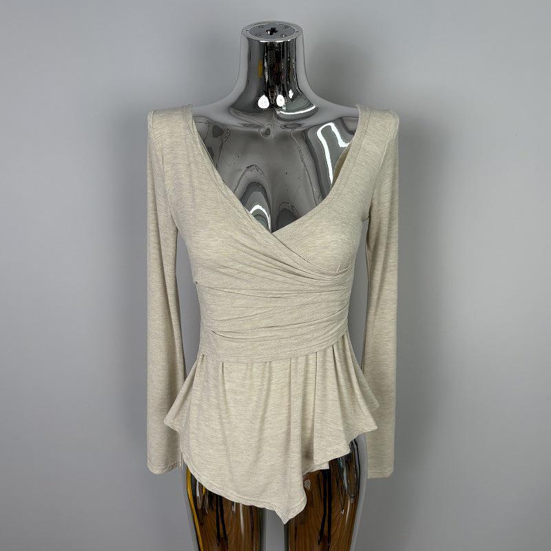 

Korean Style Women s Sexy V-neck Pleated Long Sleeve Slim Fit Top One Size