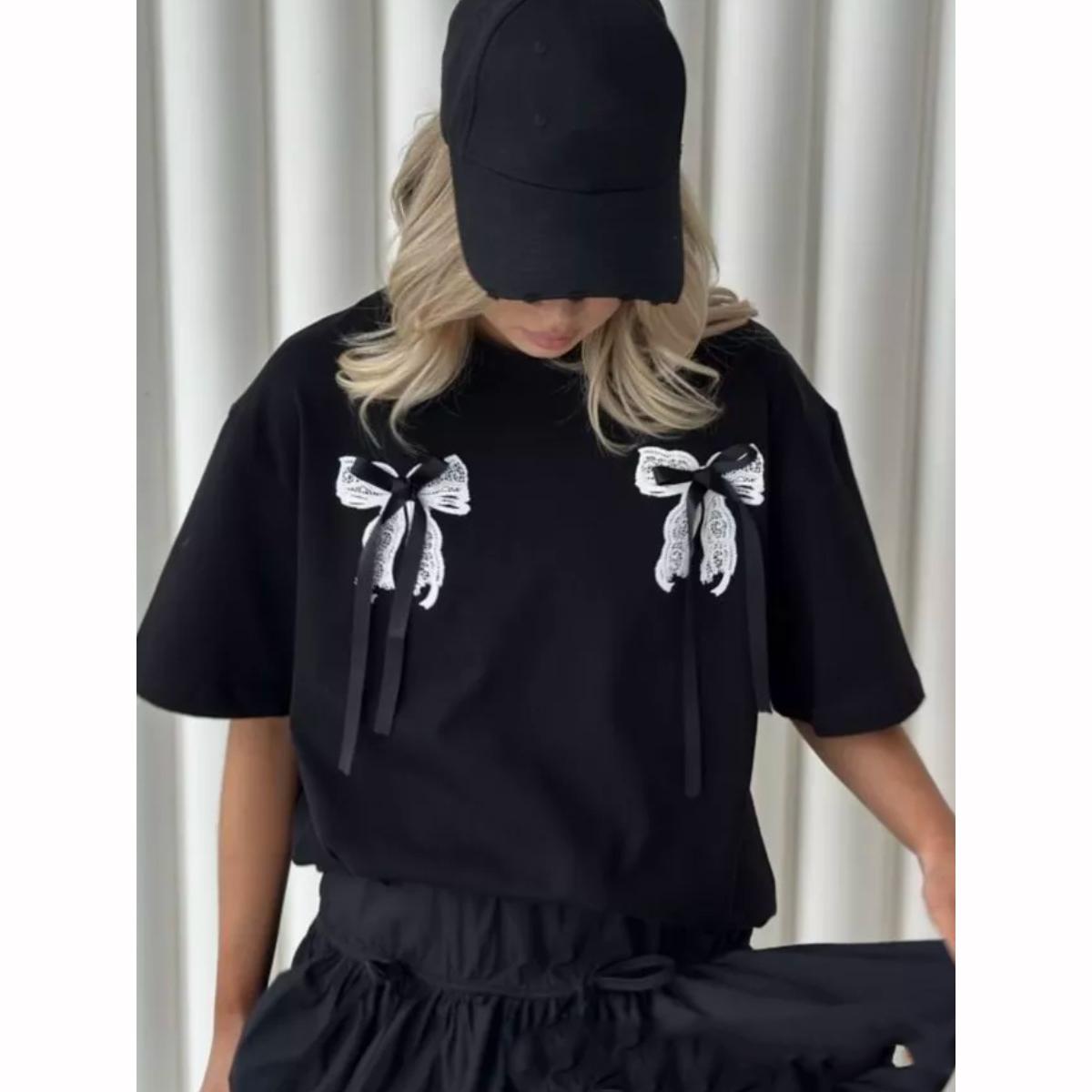 

Повседневная универсальная футболка с короткими рукавами и бантом для женщин с круглым вырезом, модная Y2k, свободная XS чёрный