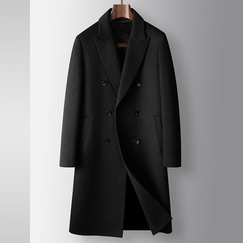 

Мужское пальто осенне-зимнее двубортное шерстяное двухстороннее шерстяное длинное пальто-тренчкот молодежная разгрузочная куртка с подкладкой из меха кролика 195 чёрный