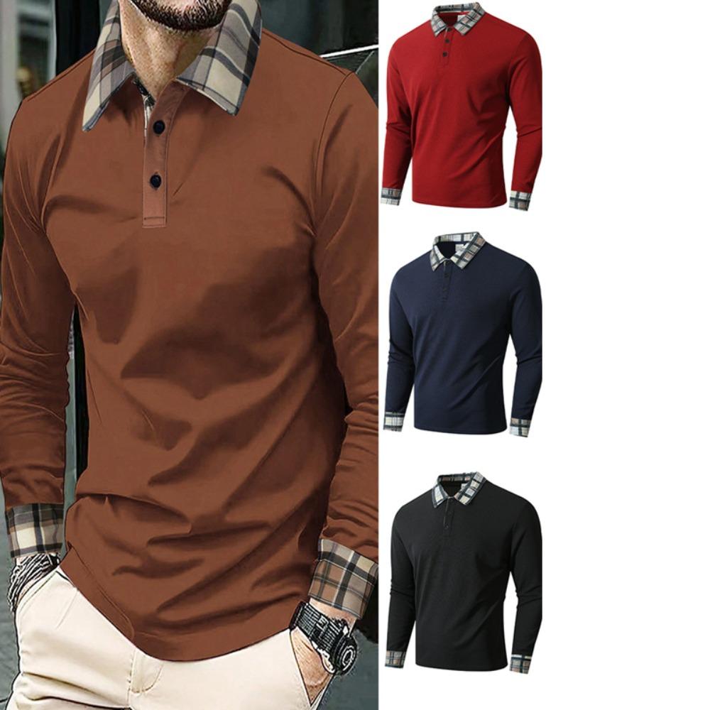Men's Outdoor Breathable Turn-Down Collar Polo Shirt Male Breathable Casual Long Sleeve Plaid Pullover