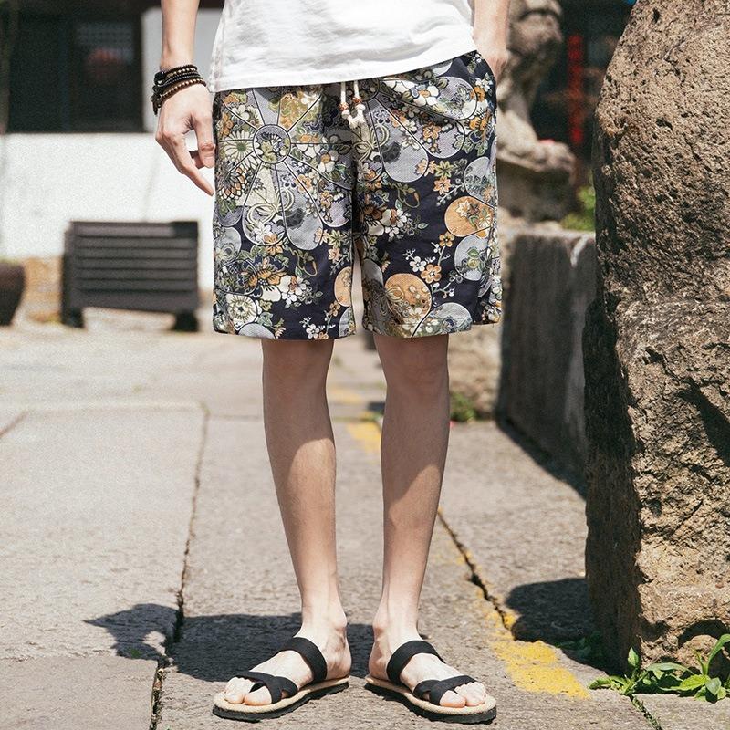 Summer Ethnic Style Linen Shorts Men's Plus Size Plus Size Five-point Beach Pants Loose Floral Pants Trendy Men