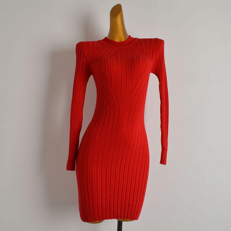 

Spring & Fall New Arrival Pure Color round Neck Long Sleeves Knitting Dress Women s Clothing Silm Slim Looking Stretch Bodycon Dress Red S
