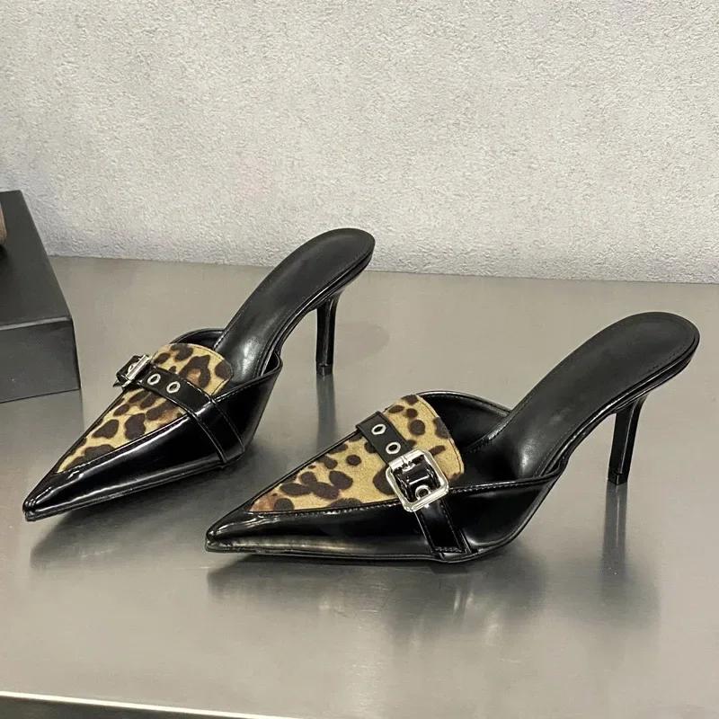 Fashion Leopard Pointed Toe Buckle Stiletto Women Heels Sexy Party Comfort Designer Mixed Color Dress Shoes Slides Women Shoes