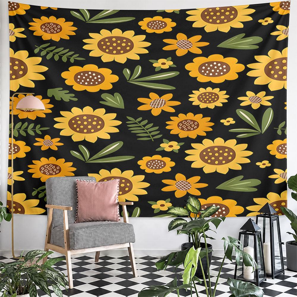 Sunflower Pattern On Black Background Pattern Wall Hanging Tapestry Decorative Tapestry Home Decor for Bedroom and Living Room