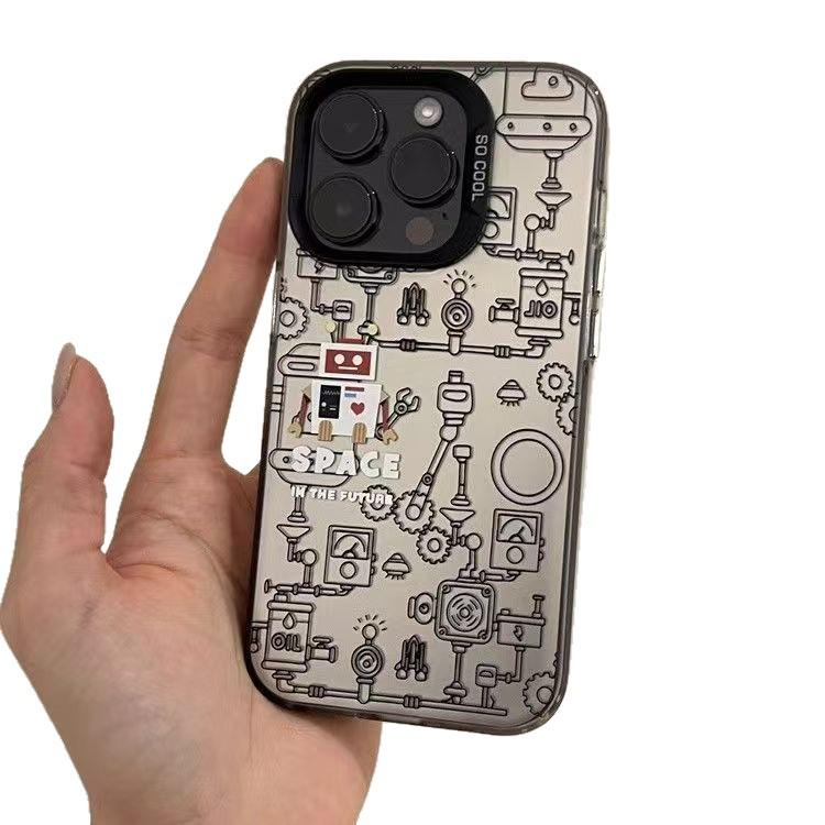 Silver Shell Creative Robot Line Phone Case for Apple 17/16/15 Pro & 14 Pro Max/13/12 Cross