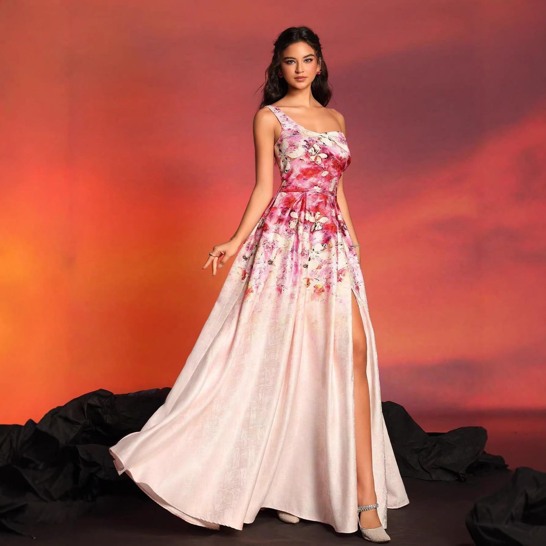 European and American French retro high-end printing sleeveless fashion shoulder dress temperament slim dress S