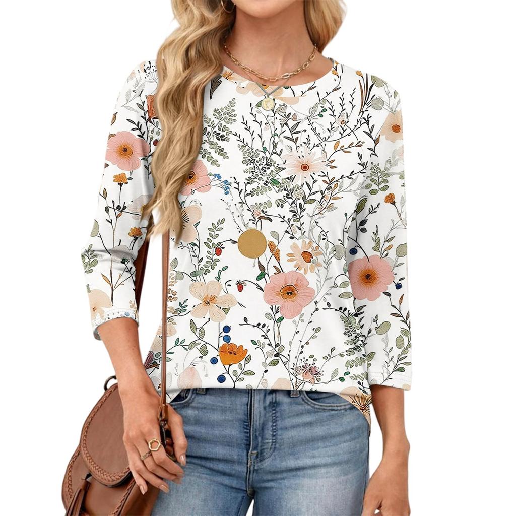 343/4 Sleeve Shirts For Women Cute Print Graphic Tees Blouses Casual Plus Size Basic Tops Pullover