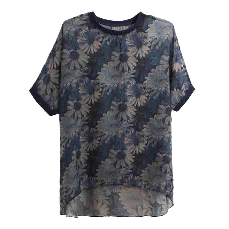 Western Style Summer Outfit Short Sleeved T-shirt Women's Plus Size Medium Long Loose Chiffon Top